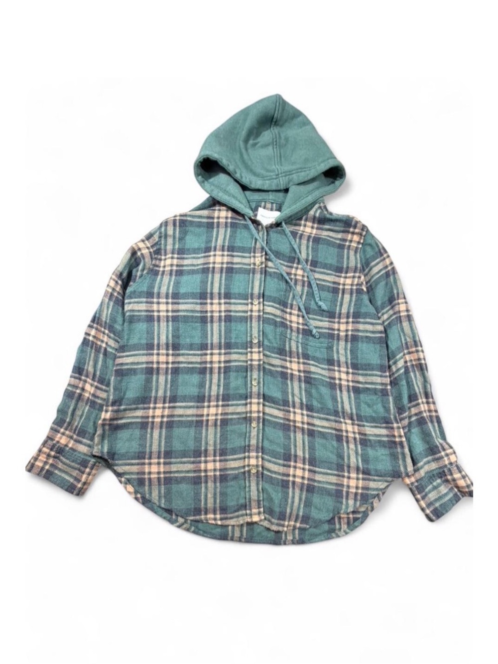 American Eagle hooded plaid flannel/shacket in muted green, blue, & cream tones